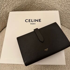 Celine Long Strap Leather Grained Calfskin Wallet Pebble Gray w Box & Tag $900